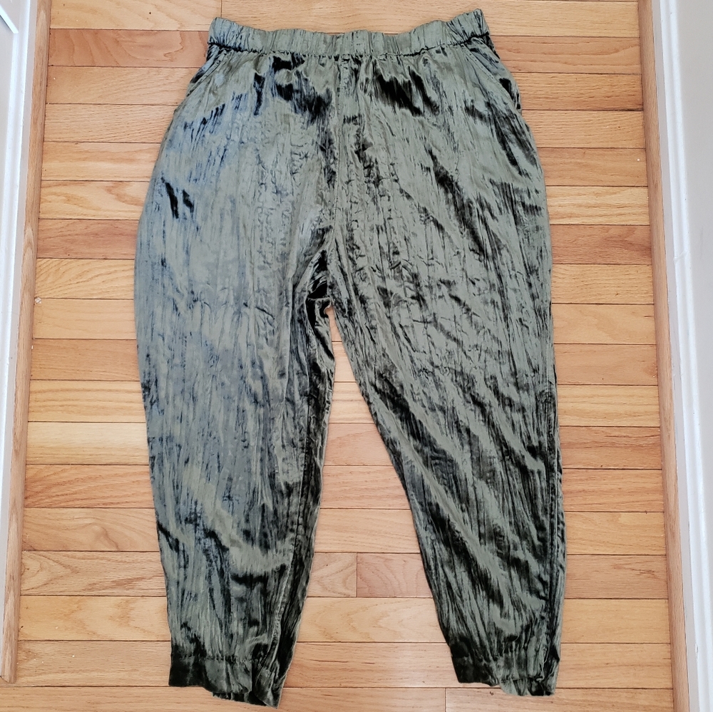 Anthropologie Velvet Pull on Pants L Crinkle Olive Cropped Fairy Boho Whimsigoth